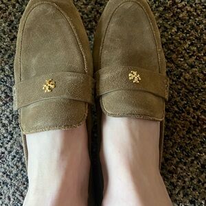Tory Burch Tan Suede Loafers with Gold Accent